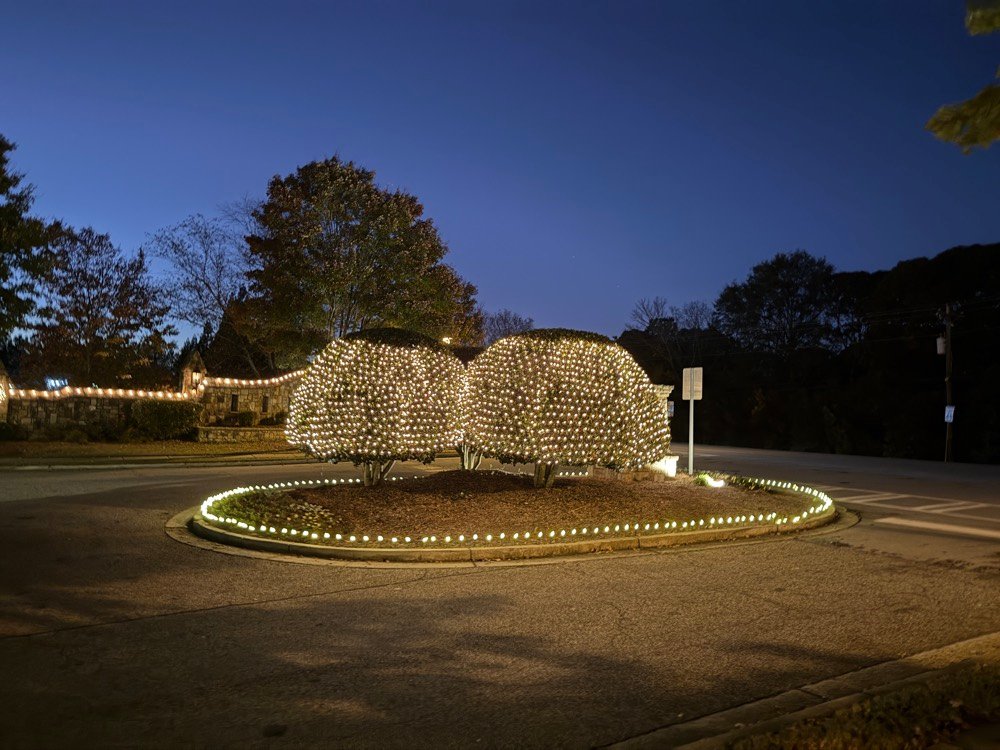A neighborhood entrance island at dusk: two large shrubs netted in warm white lights inside a lit curb ring, a garlanded stone wall behind