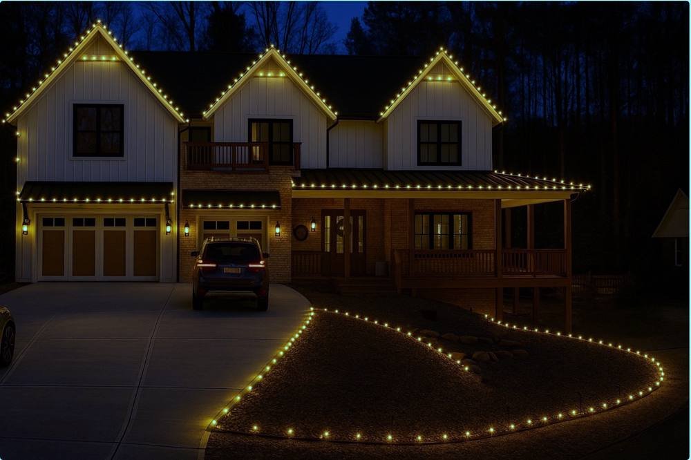 A modern farmhouse at night with three lit gables, a lit porch line and a warm white perimeter tracing the landscape beds